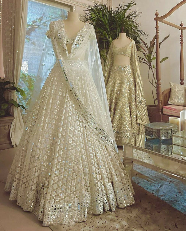 Jyoti Fashion Women's Cream Georgette Paper Mirror with Thread Embroidered Designer Lehenga Choli Set - Distacart