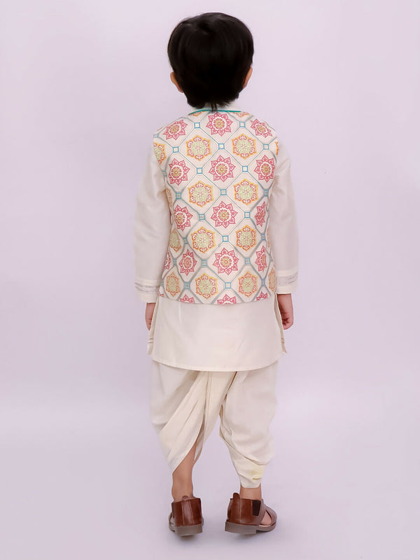 Lil Drama Mishti White Kurta Dhoti and Jacket For Boys