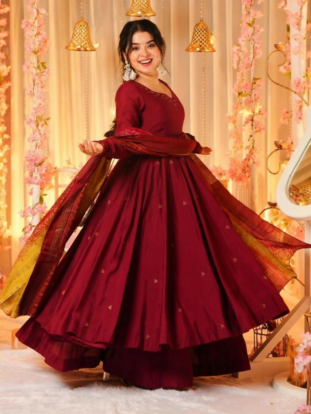 The52 Women's Beautiful Printed Work Viscose Fabric Flared Anarkali Palazzo and Dupatta Set-Maroon