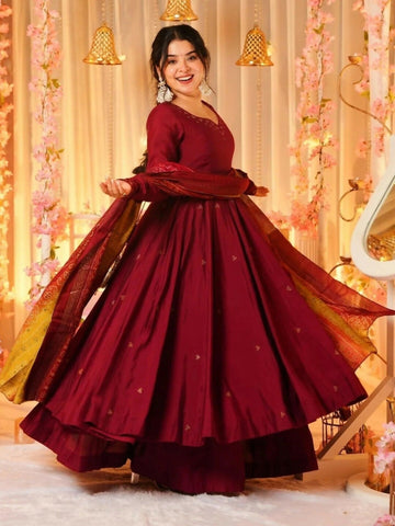 The52 Women's Beautiful Printed Work Viscose Fabric Flared Anarkali Palazzo and Dupatta Set-Maroon - Dista