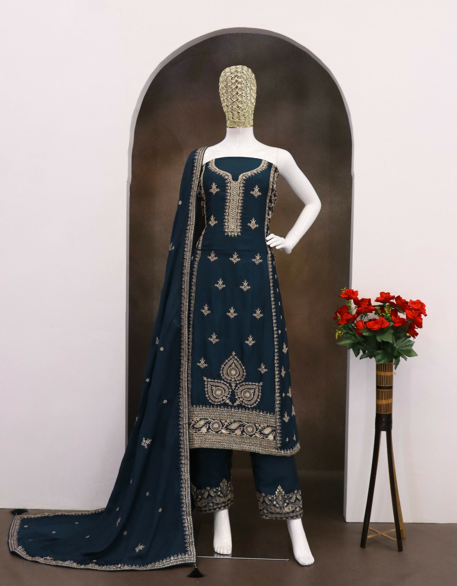 Anaita Teal Green Chinon Silk Stitched Suit with Embroidery & Sequence Work - Distacart