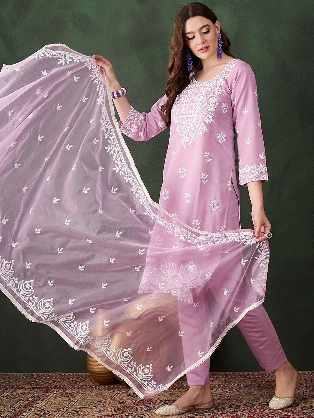 Sangria Lavender Floral Embroidered Thread Work Cotton Kurta & Trouser With Dupatta