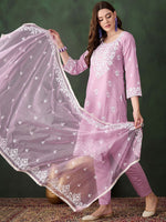 Thumbnail for Sangria Lavender Floral Embroidered Thread Work Cotton Kurta & Trouser With Dupatta