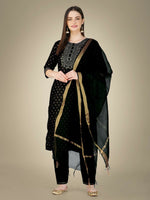 Thumbnail for Jyoti Fashion Women's Black Cotton Magic Slub Embroidery & Sequence work Kurta with Trouser & Dupatta - Distacart