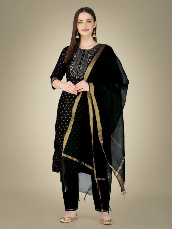 Jyoti Fashion Women's Black Cotton Magic Slub Embroidery & Sequence work Kurta with Trouser & Dupatta - Distacart