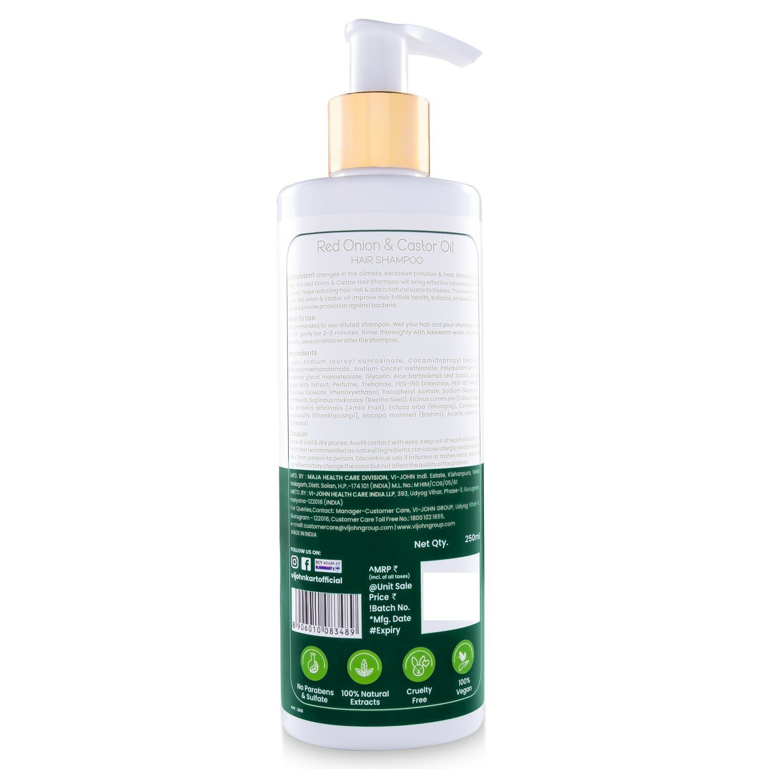 VI-JOHN Prakritik Red Onion & Castor Oil Shampoo Helps with Hair Fall & Re-Growth 100% Bio Actives