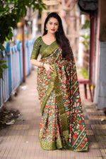Thumbnail for Mehndi Slub Silk Printed Saree with Unstitched Blouse - Hiral Fashion - Distacart