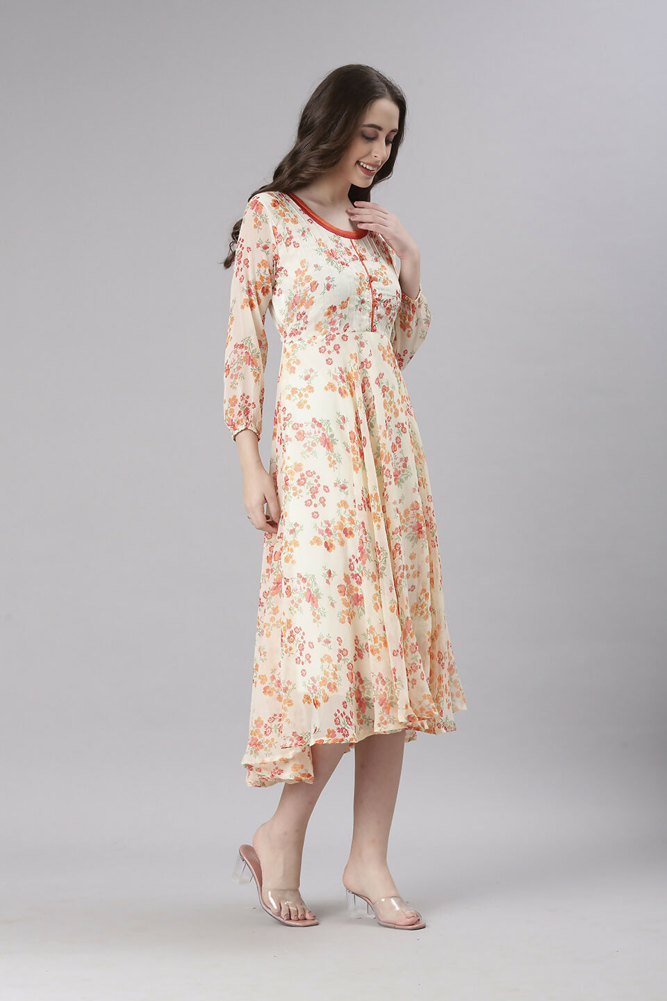 Souchii Cream Floral Printed Fit & Flare Dress