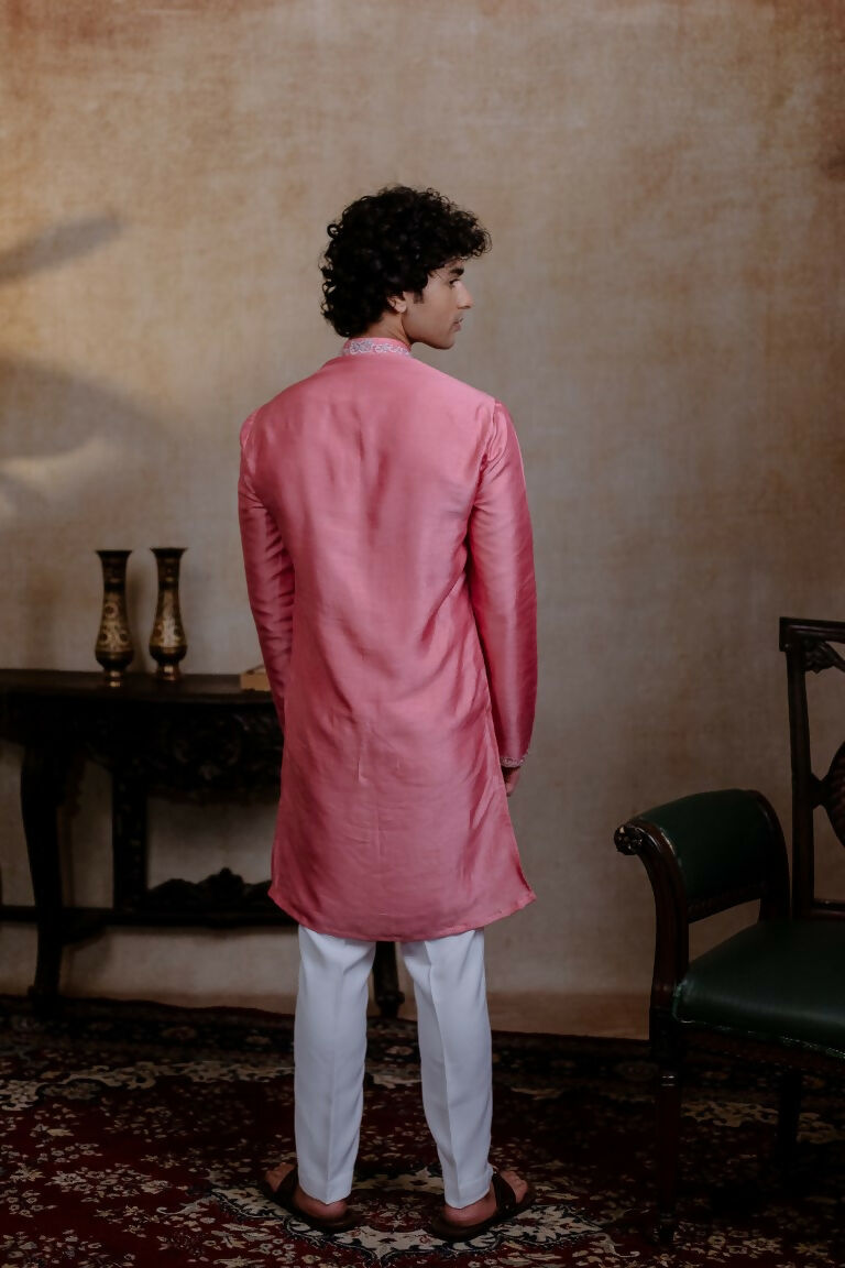 Falling Raw Silk Pink Prism Motif Kurta Set By Hilo Design