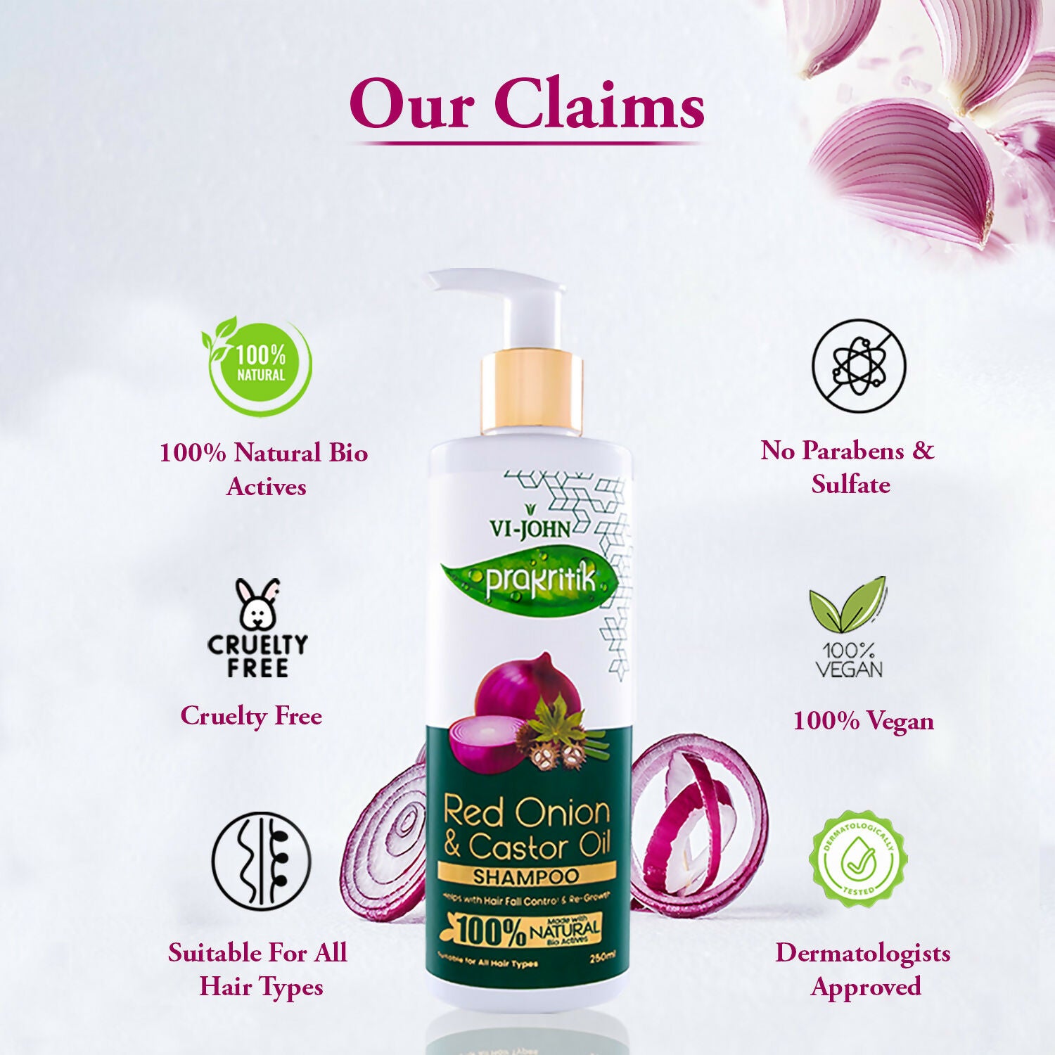 VI-JOHN Prakritik Red Onion & Castor Oil Shampoo Helps with Hair Fall & Re-Growth 100% Bio Actives