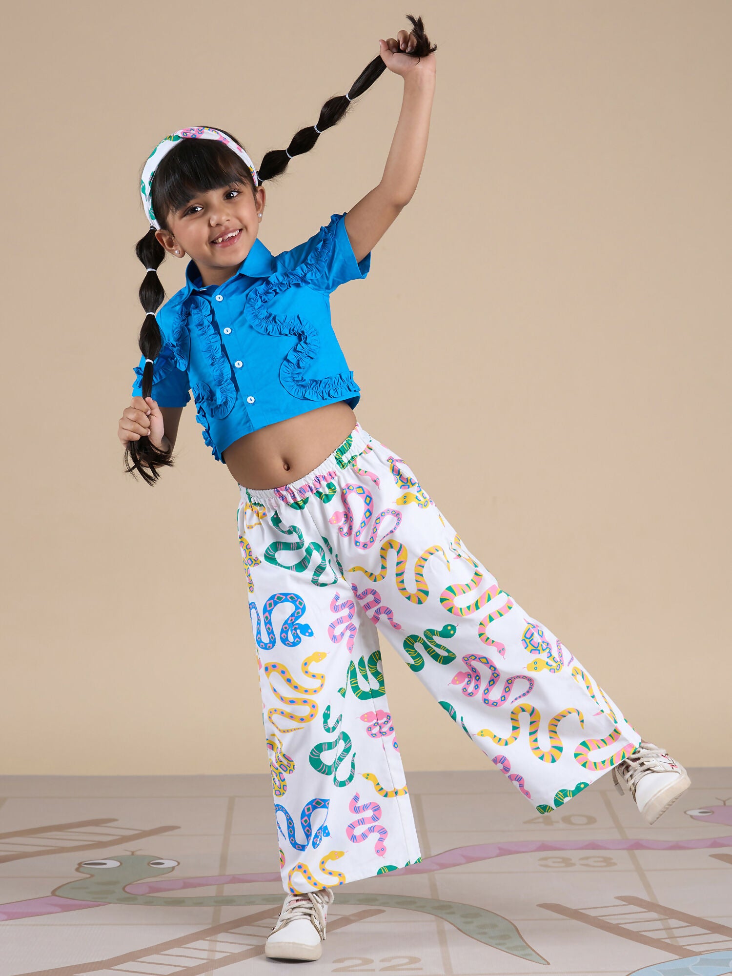Snakes and Ladders Girls Blue Shirt and Multi Color Snake Print Pant Set from Siblings Collection - Distacart