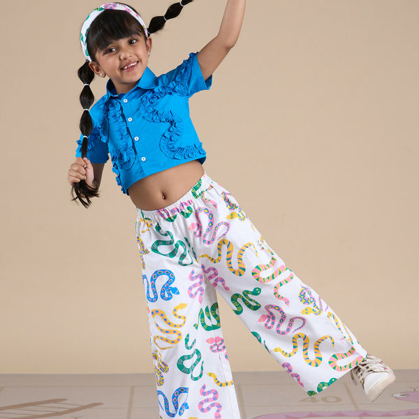 Snakes and Ladders Girls Blue Shirt and Multi Color Snake Print Pant Set from Siblings Collection - Distacart
