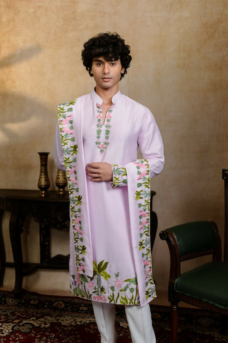 Falling Raw Silk Lavinder Taruni Hamsa Kurta Set By Hilo Design