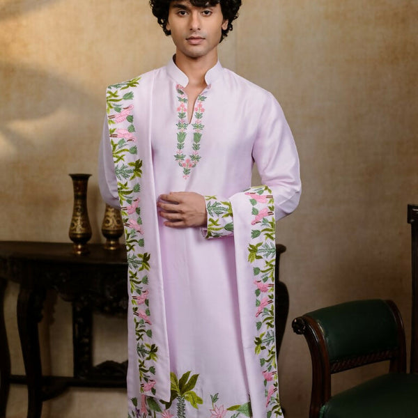 Falling Raw Silk Lavinder Taruni Hamsa Kurta Set By Hilo Design