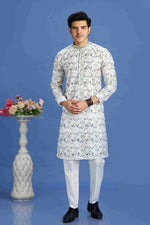 Thumbnail for Raivat Ethnic Cotton Embroidery Kurta Pajama In Blue Colour - Dista
