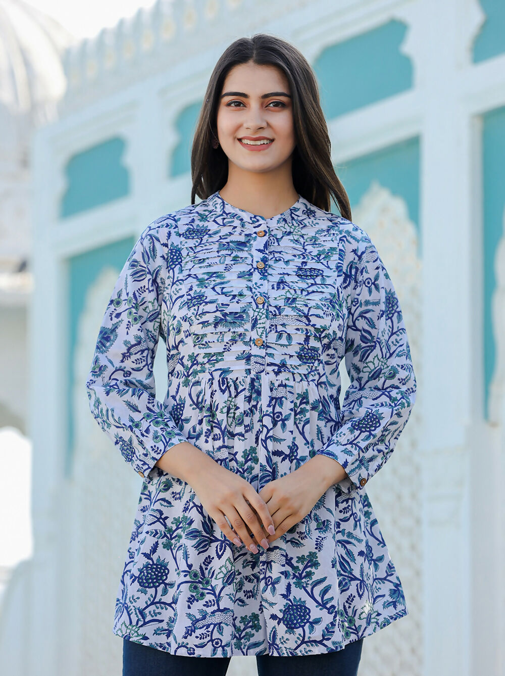 Kaajh Women's White-Blue Hand Block Printed Cotton Top - Distacart