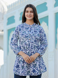 Thumbnail for Kaajh Women's White-Blue Hand Block Printed Cotton Top - Distacart