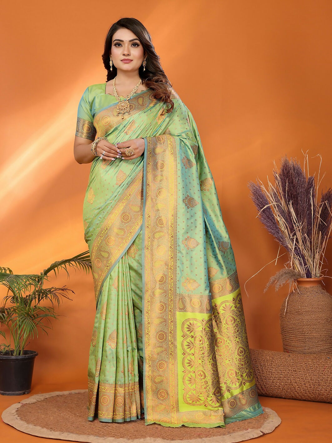 Joban Fashion Banarasi Light Green Woven Soft Silk Saree