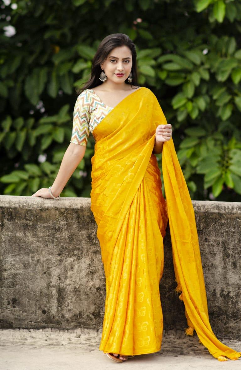 Mustard Silk Blend Ethnic Motifs Saree with Unstitched Blouse - A2M - Distacart