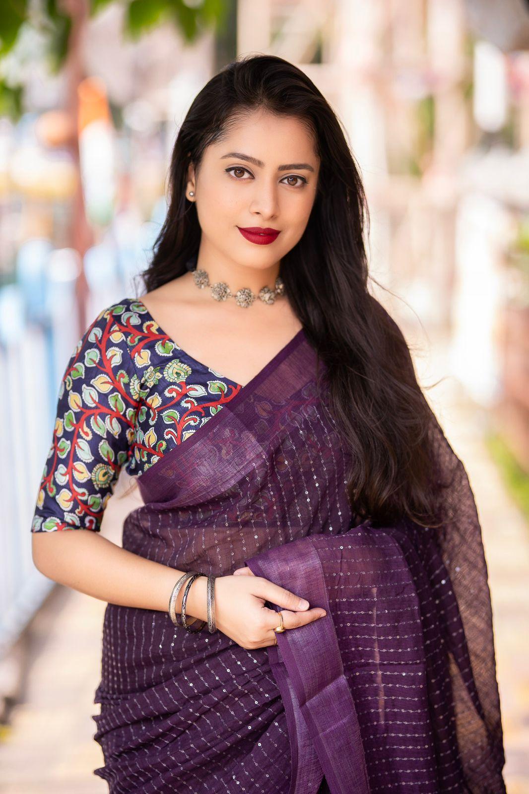 Purple Linen Sequence Saree with Unstitched Blouse - Hiral Fashion - Distacart