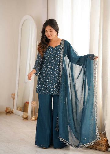 Teeya Creation Teal Blue Embroidered Short Kurti Sharara Suit Set With Dupatta - Dista
