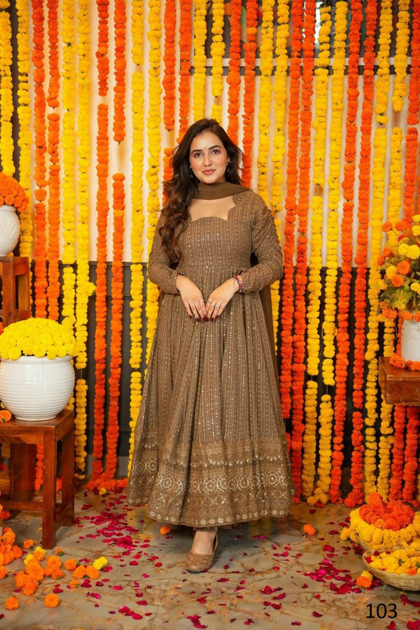 Jyoti Fashion Women's Brown Faux Georgette Zari Embroidery with Sequence Anarkali Dress with Dupatta - Distacart