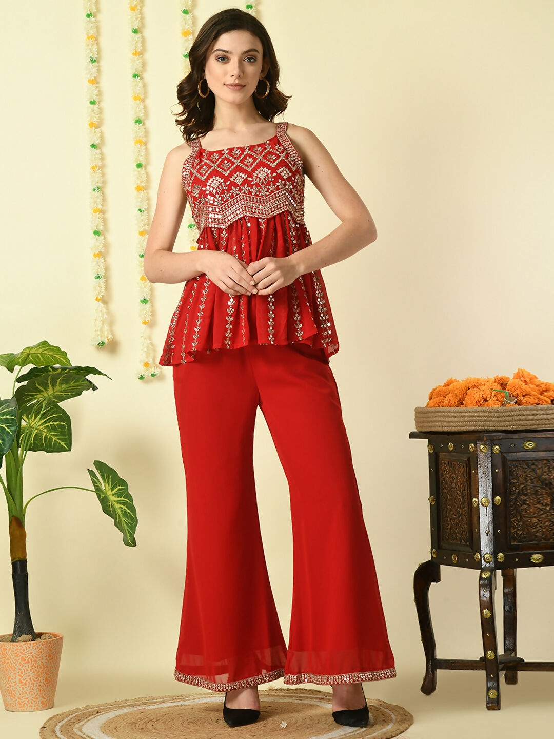 Myshka Women's Red Georgette Top With Palazzos Party Sets - Distacart