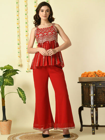 Myshka Women's Red Georgette Top With Palazzos Party Sets - Distacart