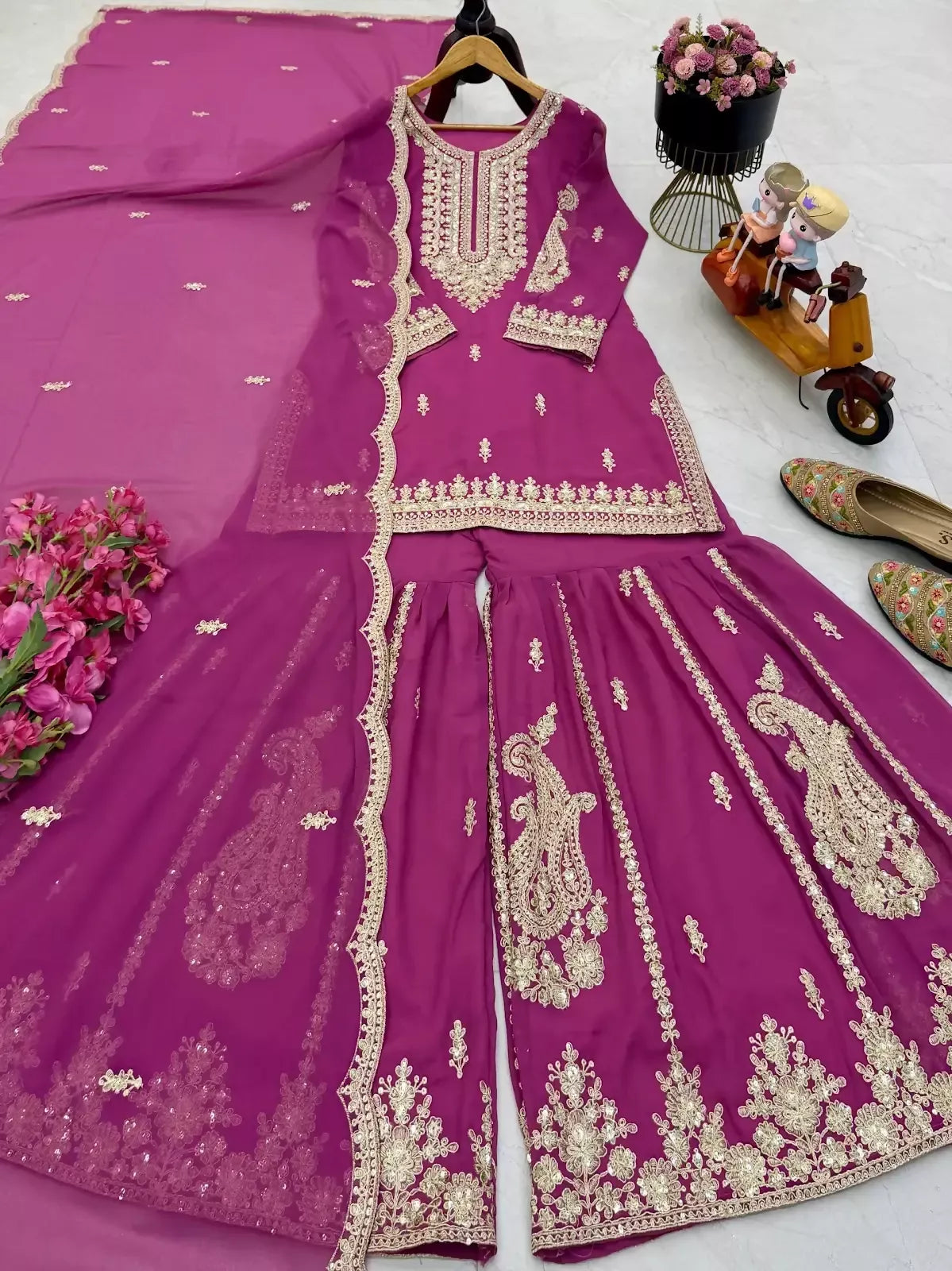 Teeya Creation Rani Pink Heavy Embroidered Sequins Sharara Set - Dista