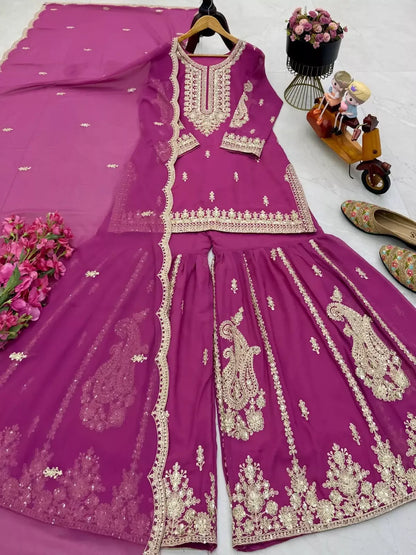 Teeya Creation Rani Pink Heavy Embroidered Sequins Sharara Set - Dista