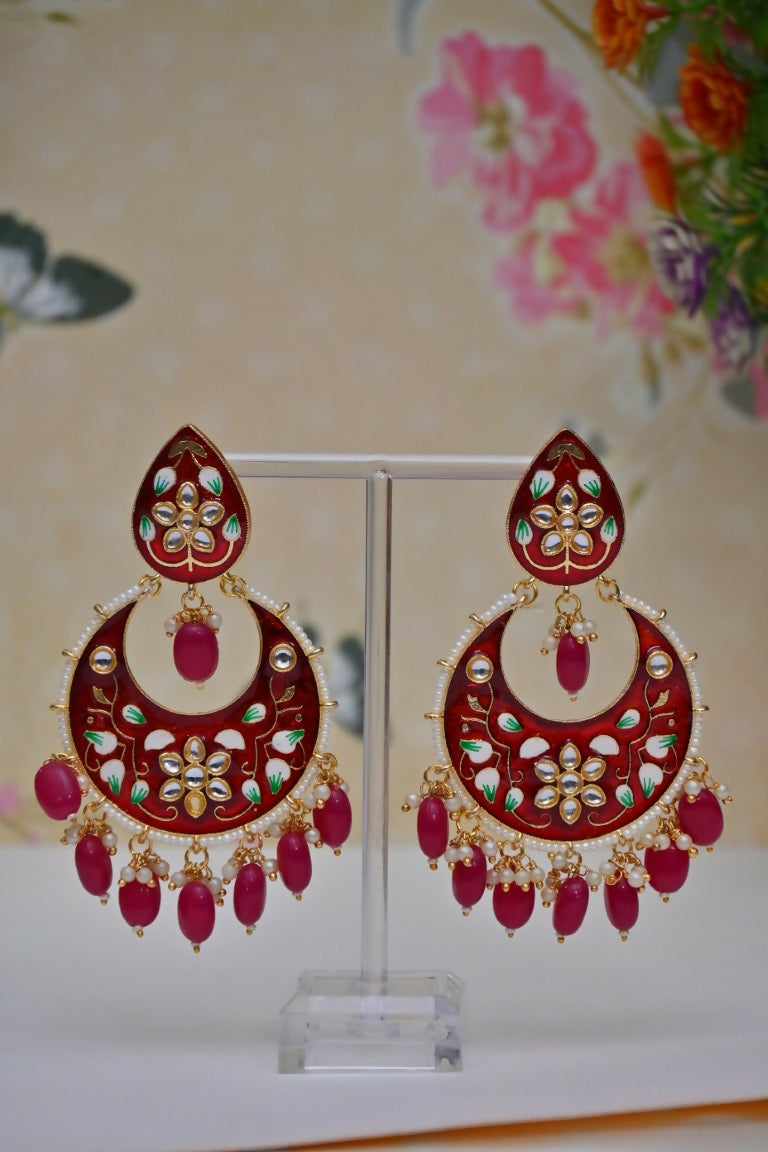 Red Gold-Polished Brass & Pearl Dangle Women Earrings| Hand Painted Meenakari Chandbali Traditional Ethnic Wear Earrings By House of Ree - Distacart