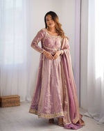 Thumbnail for The52 Women's Beautiful Fandy Silk Fabric Embroidery Work Flared Anarkali Pant and Dupatta Set - Distacart
