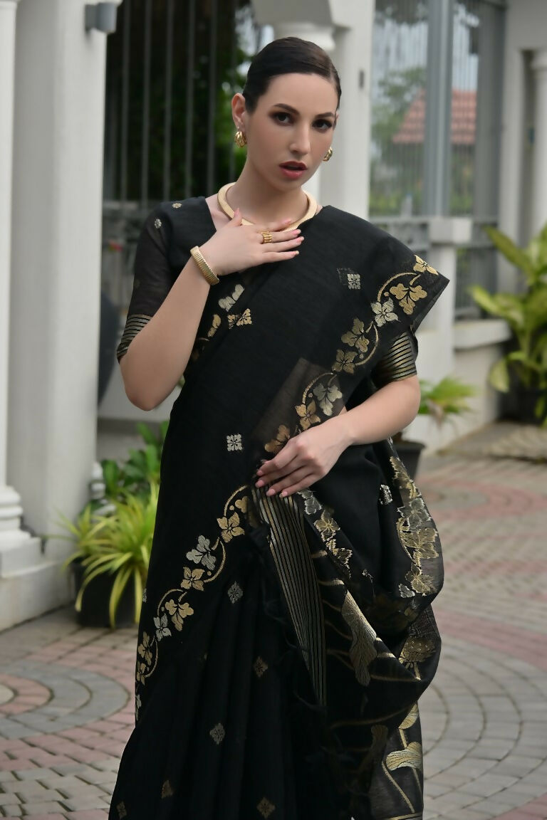 Vishnu Weaves Women's Black Linen Silk Zari Weaving Saree with Blouse