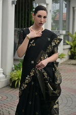 Thumbnail for Vishnu Weaves Women's Black Linen Silk Zari Weaving Saree with Blouse