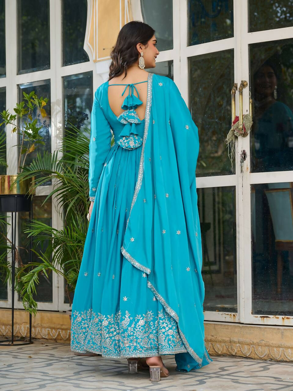The52 Women's Beautiful American Silk Fabric Embroidery Work Flared Anarkali Pant and Dupatta Set - Distacart