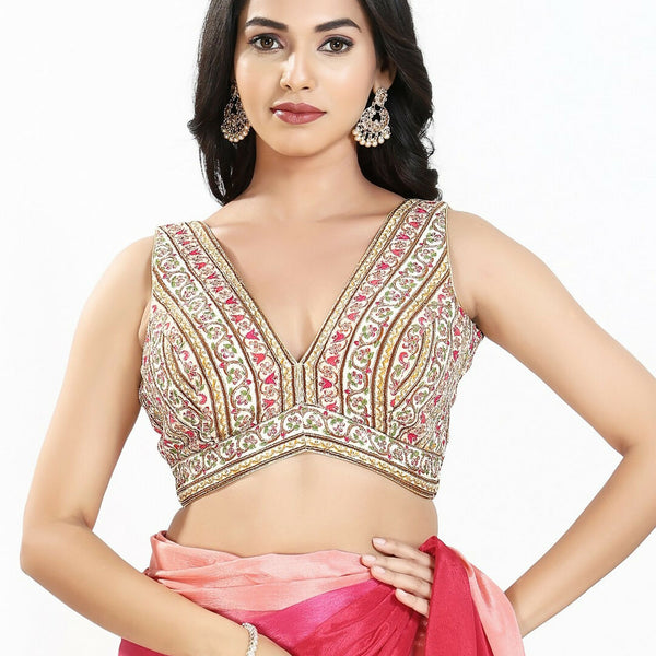 Joban Fashion Cream Multi Georgette Padded Blouse With V Neck Sleeveless - Distacart
