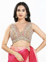 Thumbnail for Joban Fashion Cream Multi Georgette Padded Blouse With V Neck Sleeveless - Distacart