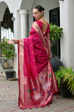 Thumbnail for Vishnu Weaves Women's Pink Paithani Silk Zari Woven Saree with Blouse