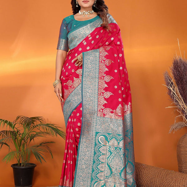 Joban Fashion Banarasi Hot Pink Woven Soft Silk Saree