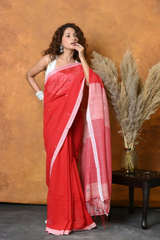 Very Much Indian Pure Cotton Handloom Saree with Buttis & Sleek Border - Red - Distacart