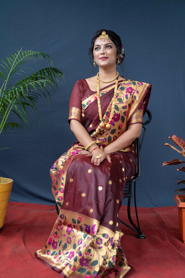 Jyoti Fashion Women's Brown Paithani Silk Zari Woven Saree with Blouse - Distacart