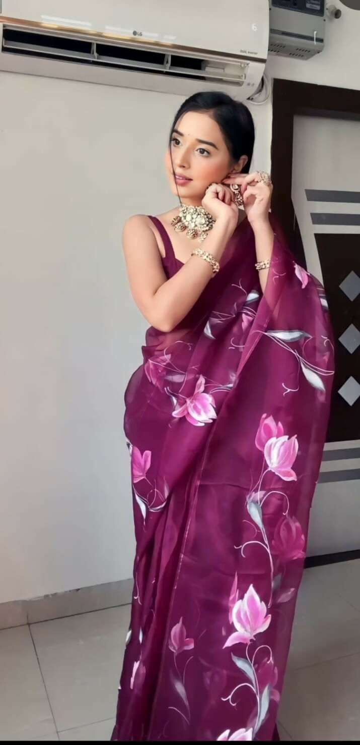 Malishka Organza Silk Embroidery Ready To Wear Saree With Blouse Piece - Wine - Distacart