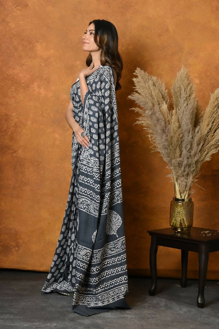 Very Much Indian Handblock Printed Cotton Saree With Natural Dyes - Black White - Distacart
