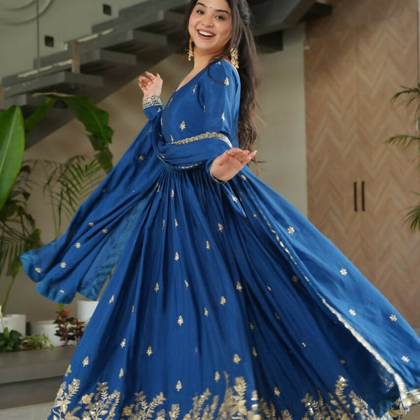 Teeya Creation Blue Color Chinon Silk Party Wear Long Gown - Distacart