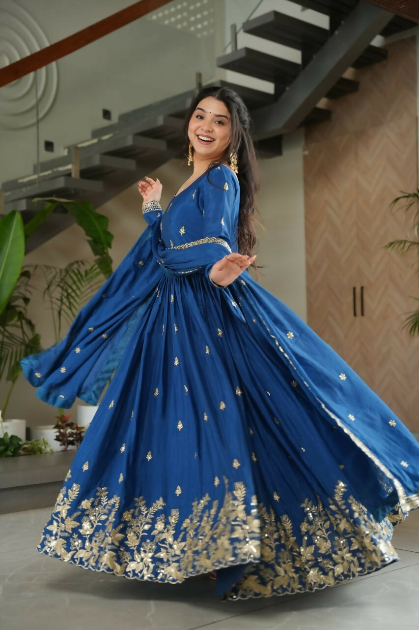 Teeya Creation Blue Color Chinon Silk Party Wear Long Gown - Distacart