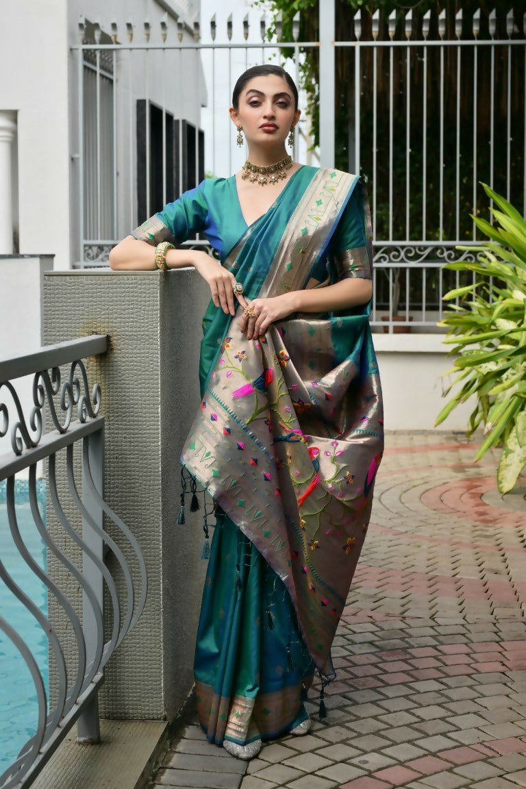 Vishnu Weaves Women's Rama Paithani Silk Zari Woven Saree with Blouse