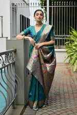 Thumbnail for Vishnu Weaves Women's Rama Paithani Silk Zari Woven Saree with Blouse