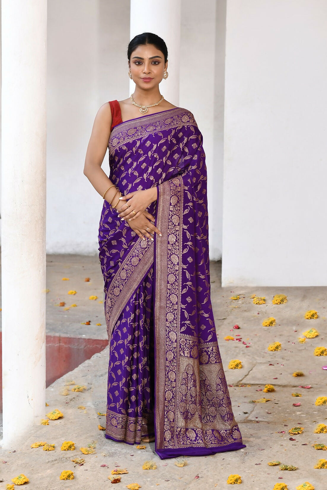 Joban Fashion Purple Crepe Chiffon Pure Handloom Banarasi Silk Saree - Dista