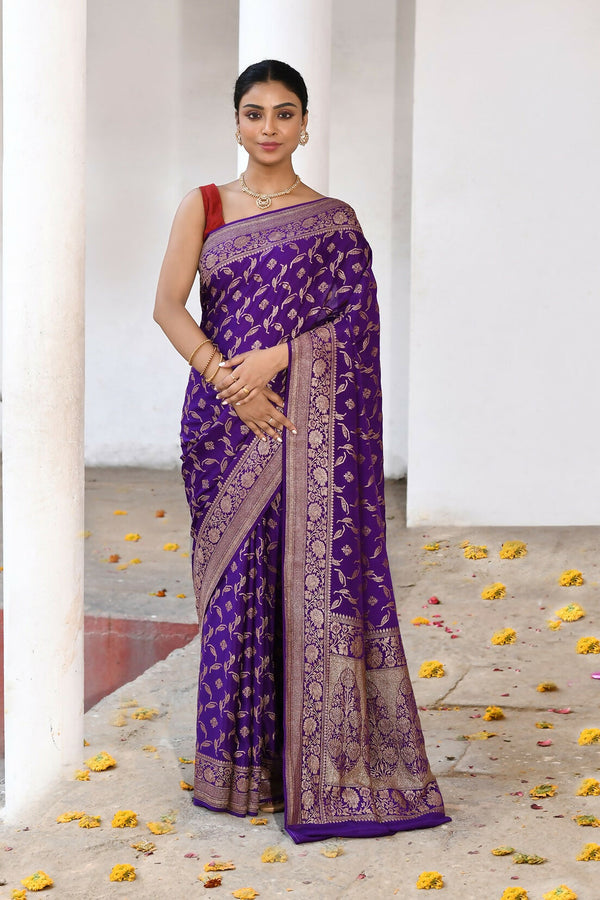 Joban Fashion Purple Crepe Chiffon Pure Handloom Banarasi Silk Saree
