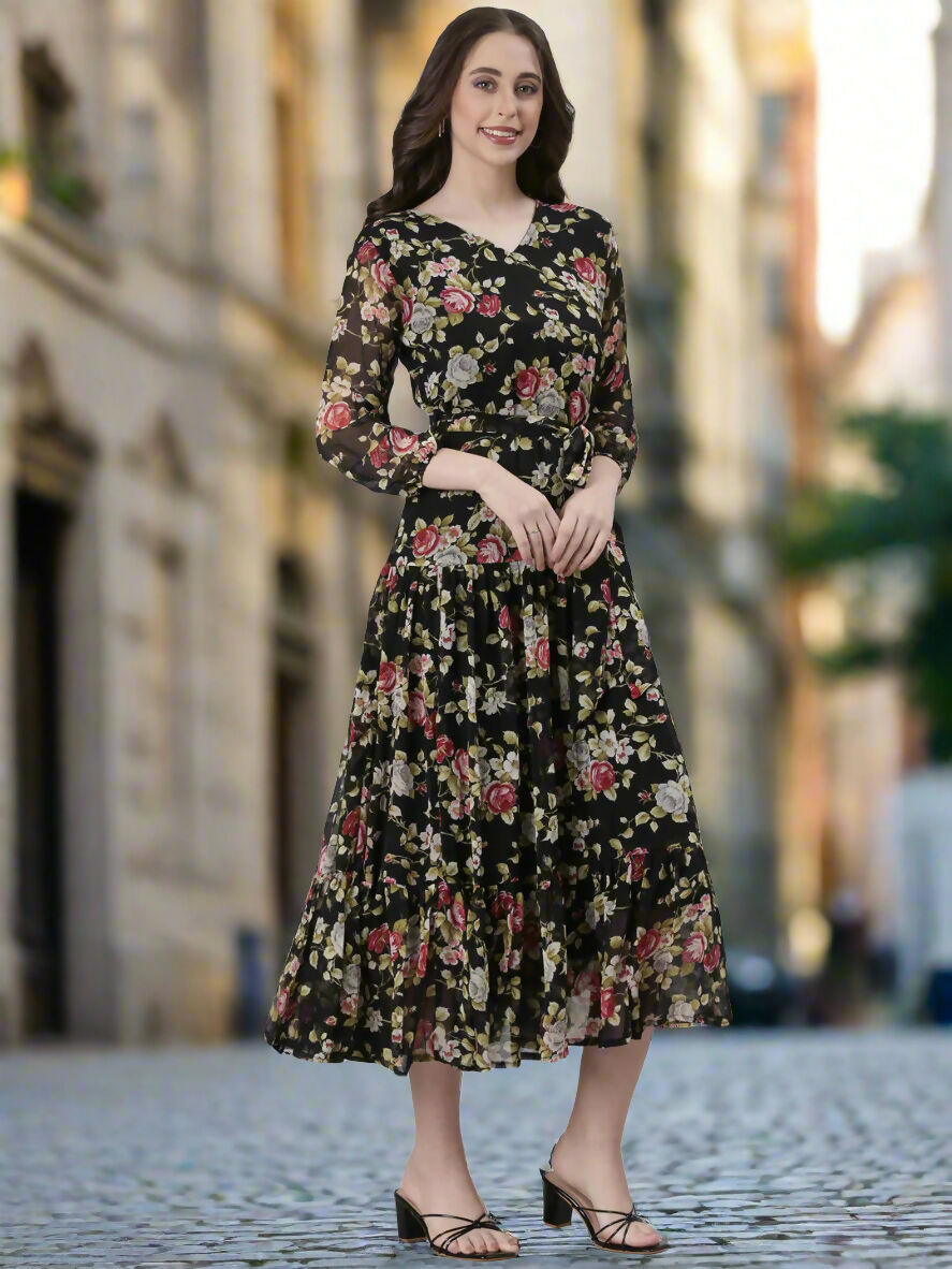 Souchii Black Floral Chiffon Dress